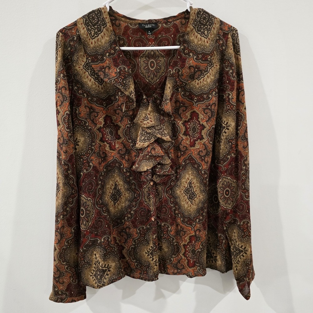 Talbots Womens Button Up Silk Top Size 8 Sheer Medallion Floral Ruffle Old Money